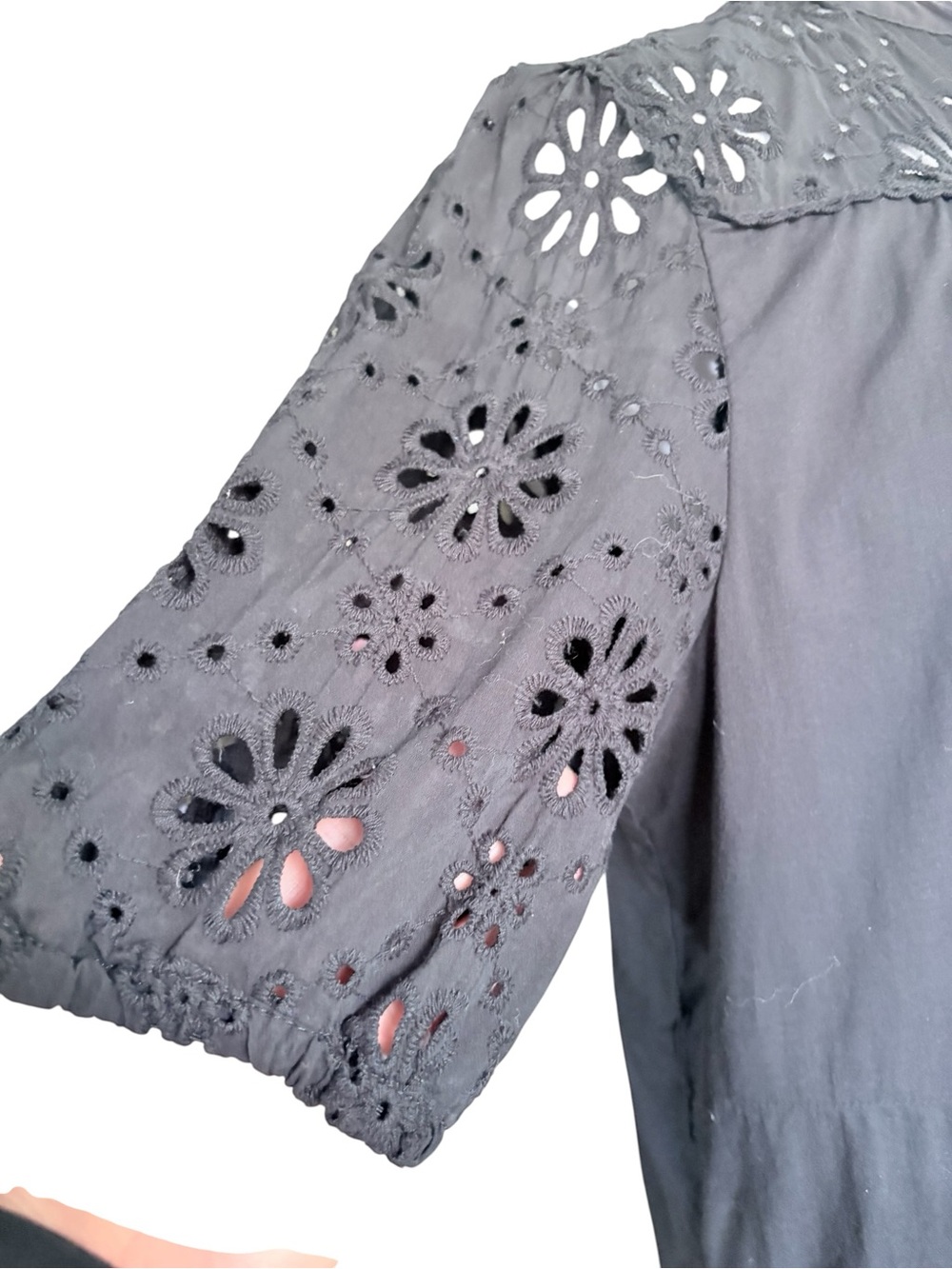 Ellen Tracy Black Eyelet Button-V Front Puffed Sleeve Boho Whimsigoth Dress Sz M - Picture 8 of 15